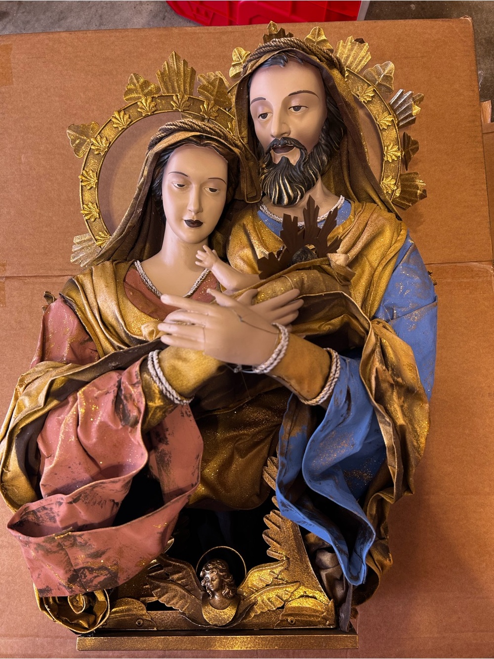 Mark Roberts Gold, Blue, Pink Holy Family Nativity Sculpture.